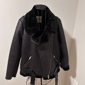 Zara Black faux Leather Jacket with Fur Trim XL